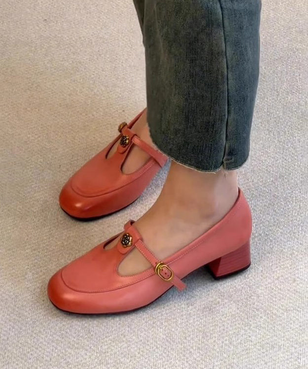 Boutique Splicing Chunky Loafer Shoes Pink Calf Buckle Strap