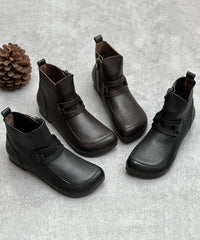 Handmade Cowhide Leather Boots Black Zippered Solid Boots