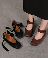 Chic Chocolate Buckle Strap Ballet Flats Shoes Cowhide Leather