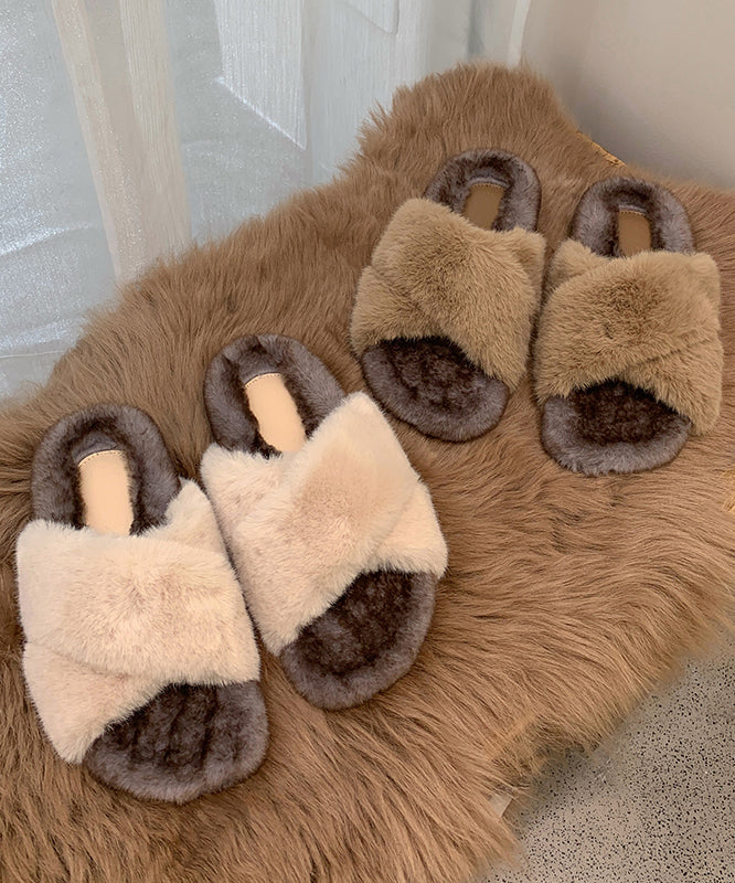 Splicing Platform Slippers Shoes Khaki Fuzzy Fur
