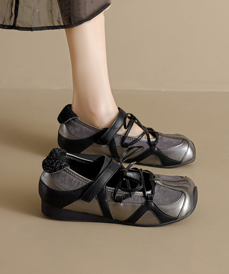 Splicing Platform Flat Shoes Black Cowhide Leather Lace Up