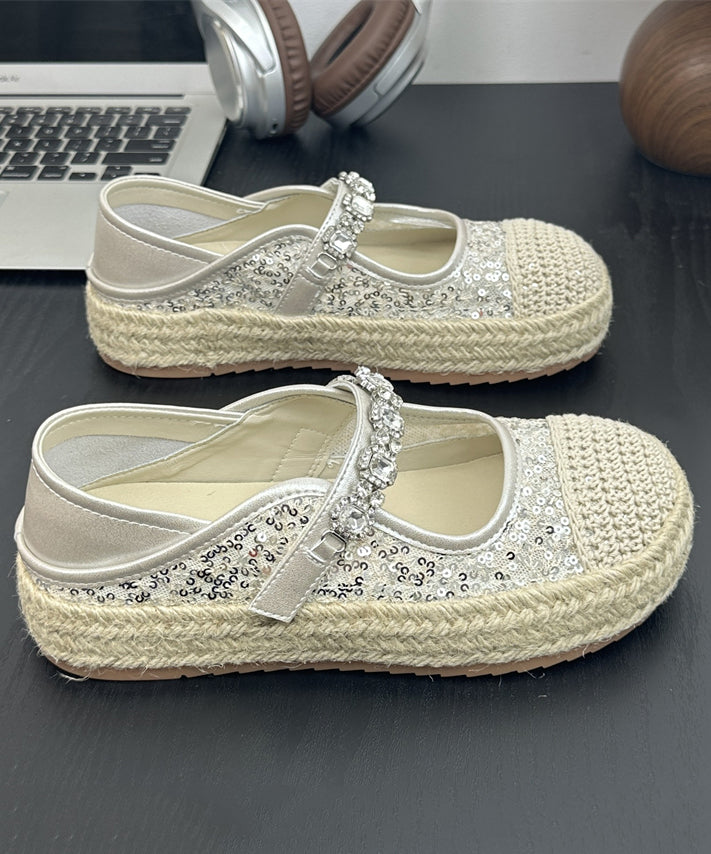 Beige Sequins Zircon Buckle Strap Splicing Platform Flat Shoes