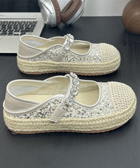 Beige Sequins Zircon Buckle Strap Splicing Platform Flat Shoes
