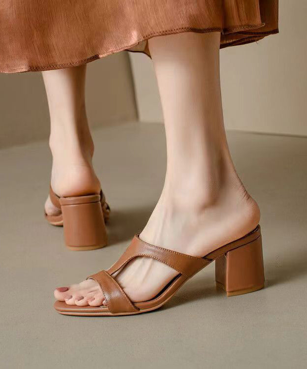 Brown Chunky Heel Cowhide Leather Hollow Out Slide Sandals
