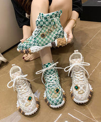 Stylish Green Breathable Mesh Splicing Zircon Flat Feet Shoes