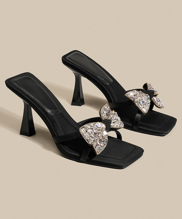 Black Bow Zircon Splicing High Heel Slide Sandals