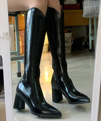 Beige Splicing Chunky Heel Boots Pointed Toe