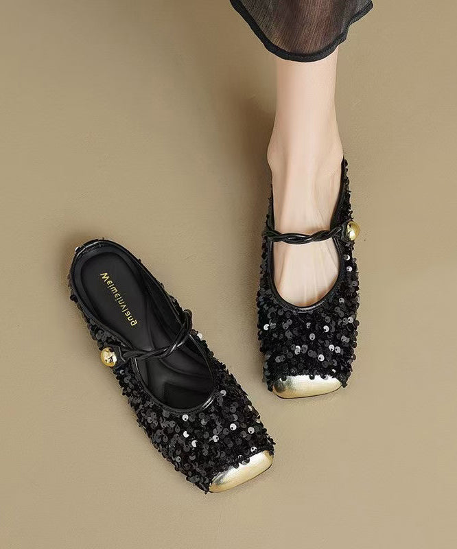 Black Sequins Buckle Strap Splicing Slide Sandals