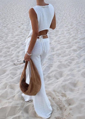White Hollow Out Flatering Knit Vests And Straight Pants Two Piece Set Sleeveless