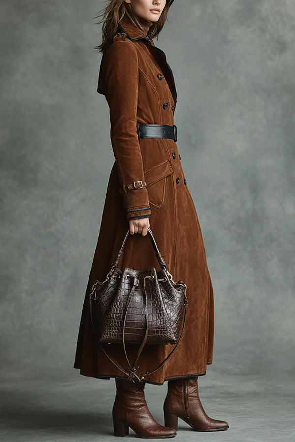 Suede Lapel Button Casual Pocket Long Trench Coat