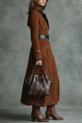 Suede Lapel Button Casual Pocket Long Trench Coat