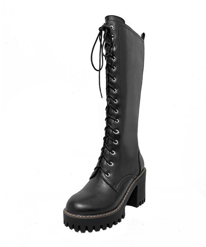 Black Cross Strap Zippered Splicing Chunky Boots