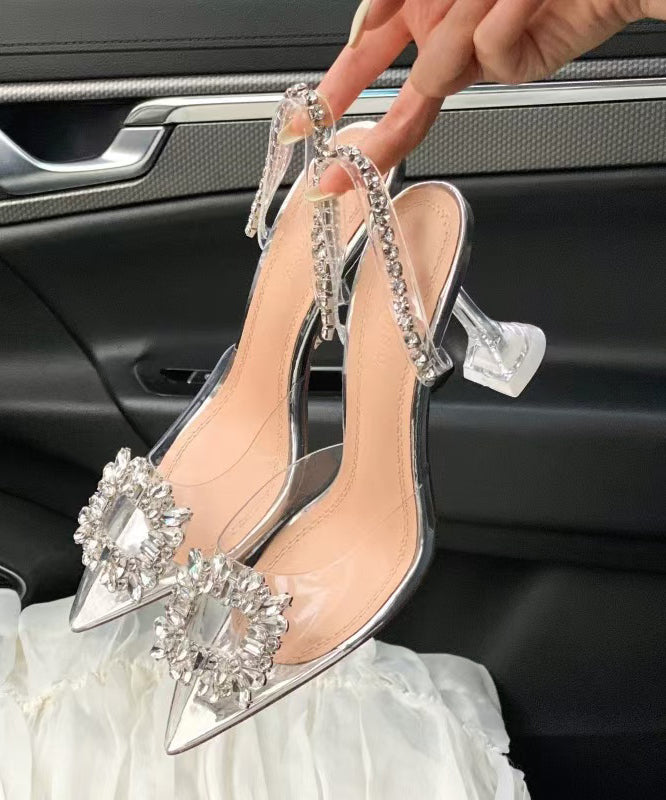Silver Clear High Heel Sandals Pointed Toe Unique Splicing Zircon