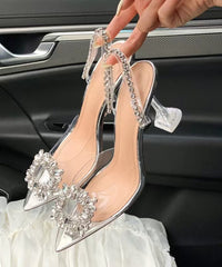 Silver Clear High Heel Sandals Pointed Toe Unique Splicing Zircon