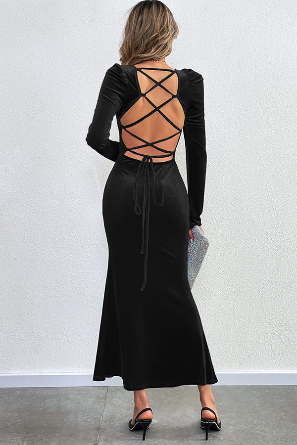 Velvet Long-sleeved Backless Slim Fit Fishtail Maxi Dress