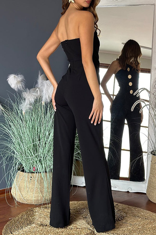 Solid Color Tube Top Gold Button Embellished Bootcut Jumpsuit