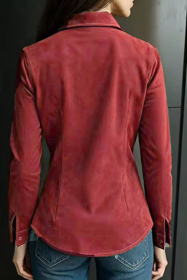 Suede Long-sleeved Button-down Casual Shirt