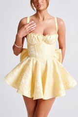Jacquard Fabric Halter Back Elegant Bow Slim Fit Mini Dress