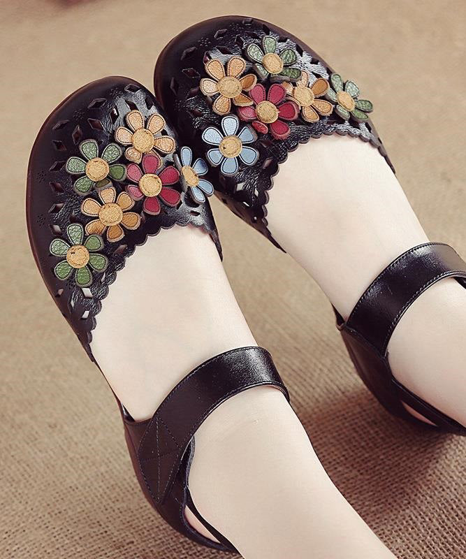 Splicing Hollow Out Walking Sandals Black Genuine Leather