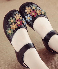 Splicing Hollow Out Walking Sandals Black Genuine Leather