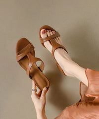 Brown Chunky Heel Cowhide Leather Hollow Out Slide Sandals