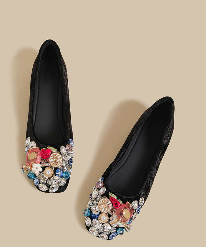 Black Faux Leather Boutique Zircon Splicing Flats Shoes