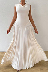 Solid Color Sleeveless Slim Fit Pleated Full Hem Maxi Dress