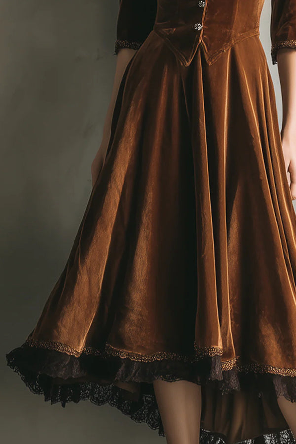 Velvet and Lace Patchwork V-neck Button Midi Dress