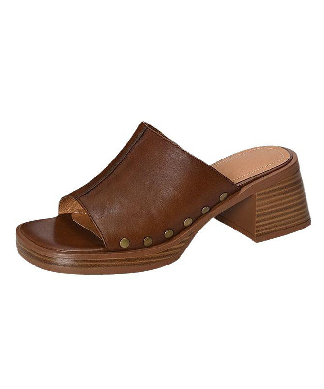 French Brown Splicing Chunky Heel Rivet Slide Sandals Peep Toe