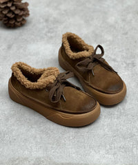 Coffee Flats Lace Up Flat Shoes For Fuzzy Wool Lined