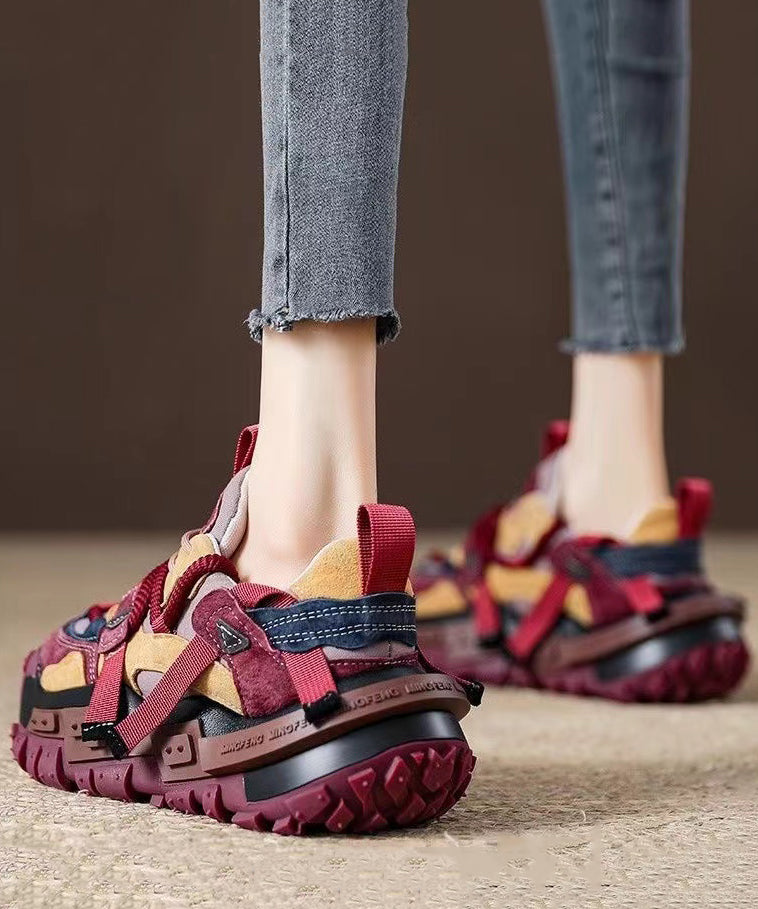 Red Suede Platform Flat Sport Shoes Splicing Lace Up