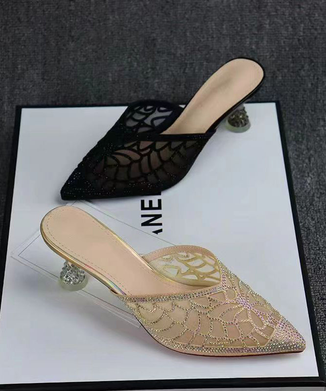 Summer Gold Hollow Out Zircon Pointed Toe Slide Sandals