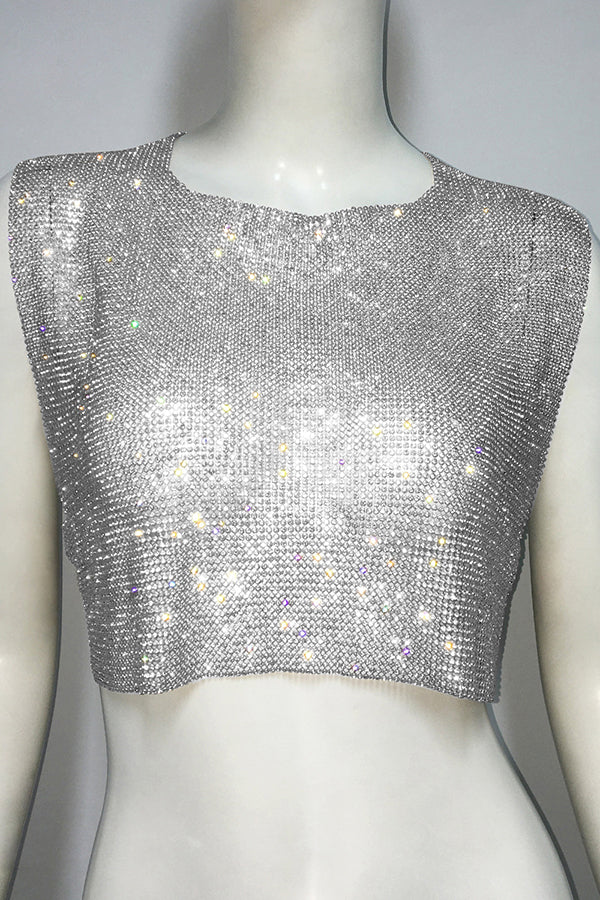 Metallic Rhinestone Backless Chain Vest
