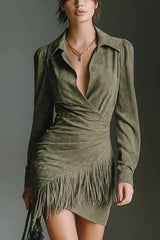 Solid Color Suede Slim-fit Long-sleeved Tassel Mini Dress