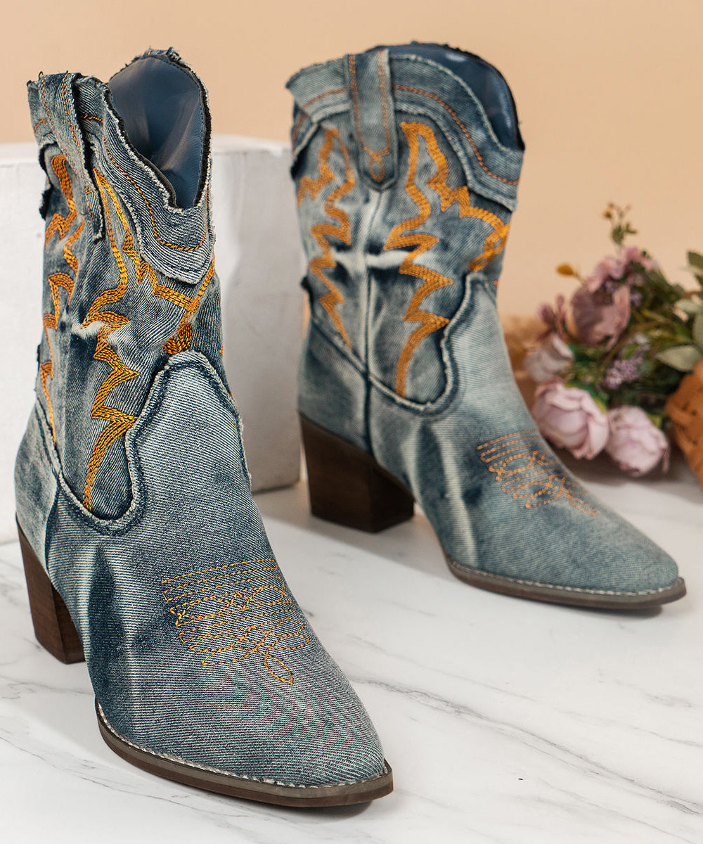 French Pointed Toe Fabric Boots Cowboy Boots Embossed Blue