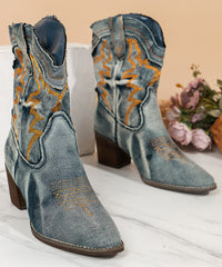 French Pointed Toe Fabric Boots Cowboy Boots Embossed Blue