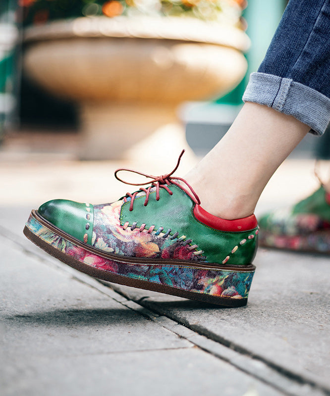 Green Sheepskin Boho Lace Up Embossed Platform Shoes