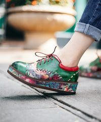 Green Sheepskin Boho Lace Up Embossed Platform Shoes