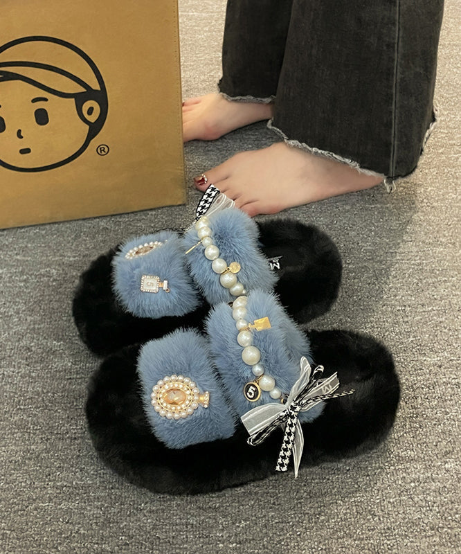 Khaki Nail Bead Bow Platform Teddy Slide Sandals