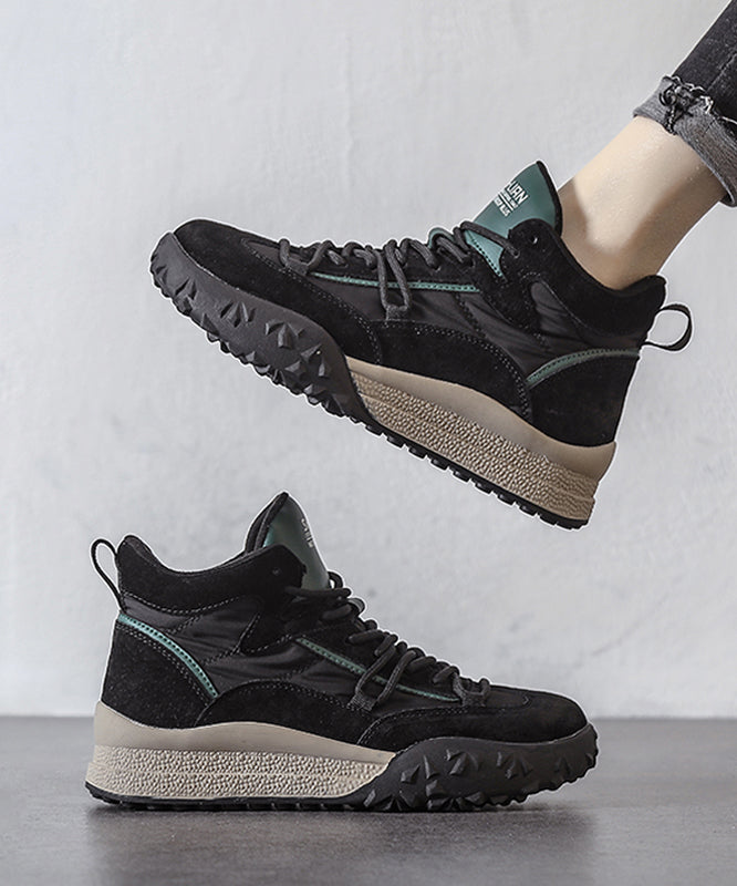 Khaki Platform Suede Lace Up Splicing Flats Fuzzy Wool Lined