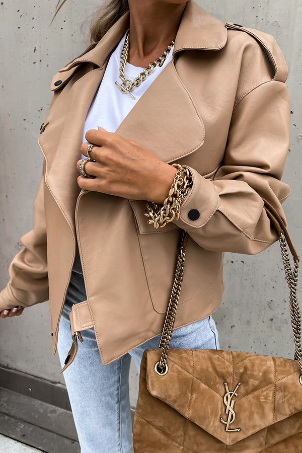 Leather Lapel Pocket British Style Cropped Jacket