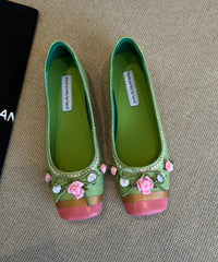 Pink Floral Embroidered Splicing French Flat Shoes For Women