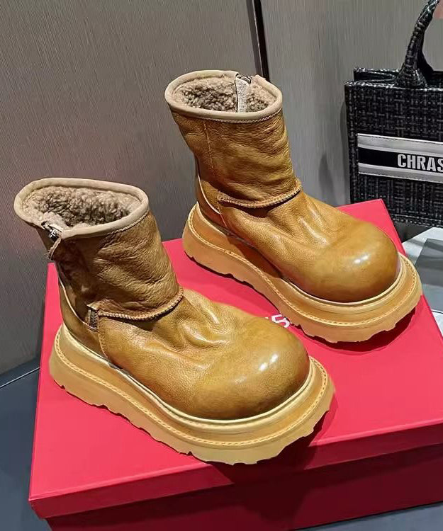 Caramel Faux Leather Boots Fuzzy Wool Lined Splicing Zippered