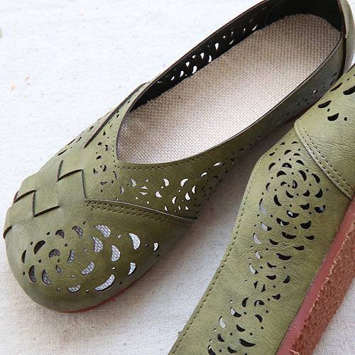 Hollow Out Plait Linen Insole Leather Flats Casual Shoes