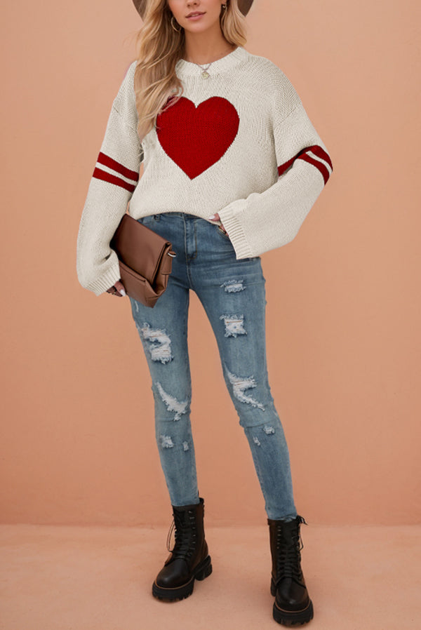 Heart-shaped Jacquard Long-sleeved Loose Knit Sweater