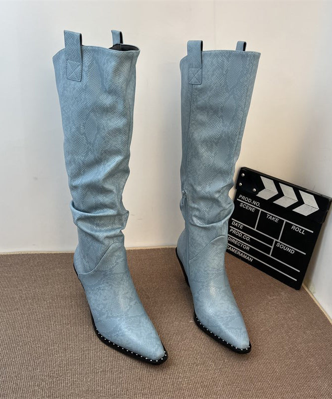 Splicing Chunky Boots Blue Faux Leather Pointed Toe