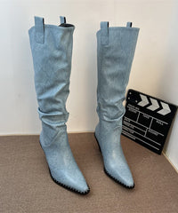 Splicing Chunky Boots Blue Faux Leather Pointed Toe