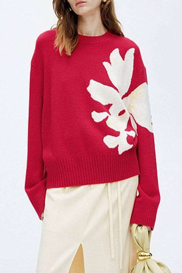 Color-blocked Floral Loose Long-sleeved Knit Sweater