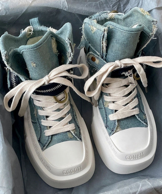 Blue Canvas Splicing Lace Up Platform Boots