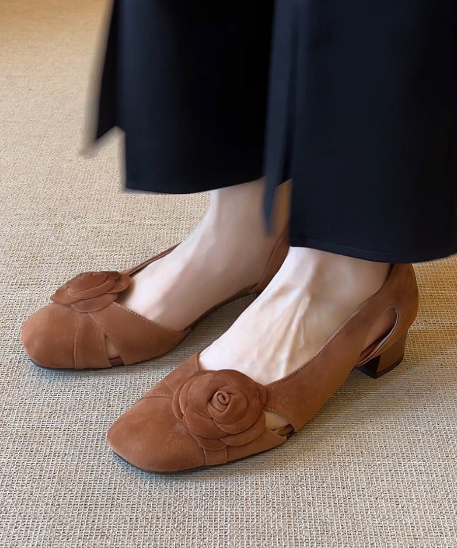 French Caramel Hollow Out Floral Suede Chunky Sandals